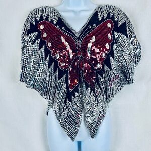 Vintage 1980's Sequin Silk Butterfly Pullover Top Women's Small India